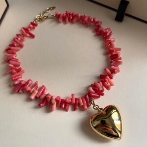 Coral Beads Gold Heart Pendant Necklace